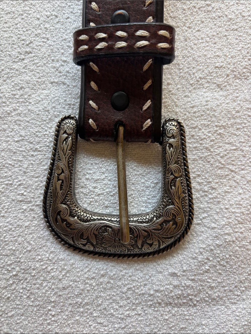 Western Style 42” Brown Leather Belt with Silver Buckle - Picture 3 of 8